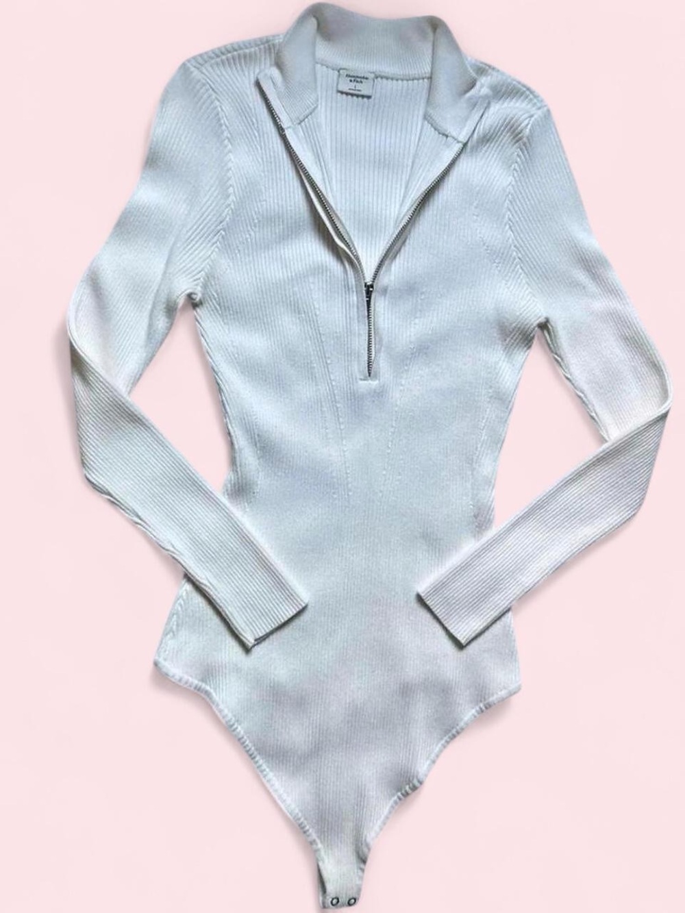 Abercrombie & Fitch White Ribbed Zip-Front Long-Sleeve Bodysuit